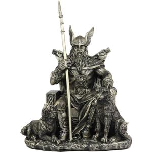 Ebros Gift Norse Viking Mythology Odin The Alfather Sitting On A Throne with Two Wolf Dogs Statue Norselandic Folklore Thor Ragnarok Trilogy Wotan Decorative Figurine 10.5" High