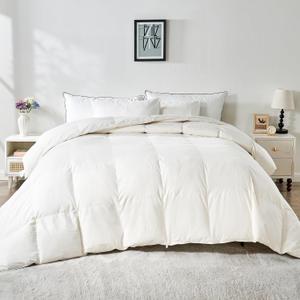 100% Organic Cotton Feather & Down Fibers Comforter King Size, All-Season Hotel-Style Hypoallergenic Duvet Insert, Ivory White 106x90 Inch