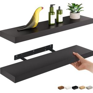 Ballucci Floating Shelves, 24" Wood Wall Shelf Set of 2, with Invisible Brackets for Bathroom, Living Room, Bedroom, Kitchen, Nursery, 6" Deep, Black