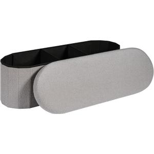Storage Ottoman Bench, 43.3" Oval Upholstered Ottoman Foot Rest Foldable Boucle End of Bed Storage Bench for Living Room, Entryway, Grey
