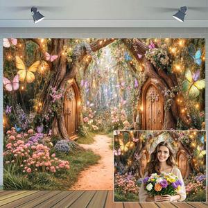 10X8ft Enchanted Forest Backdrop Fairy Tale Magic Garden Wonderland Floral Butterfly Photography Background for Kids Girls Baby Shower Birthday Party Decoration Cake Table Photo Booth Props (Multi)