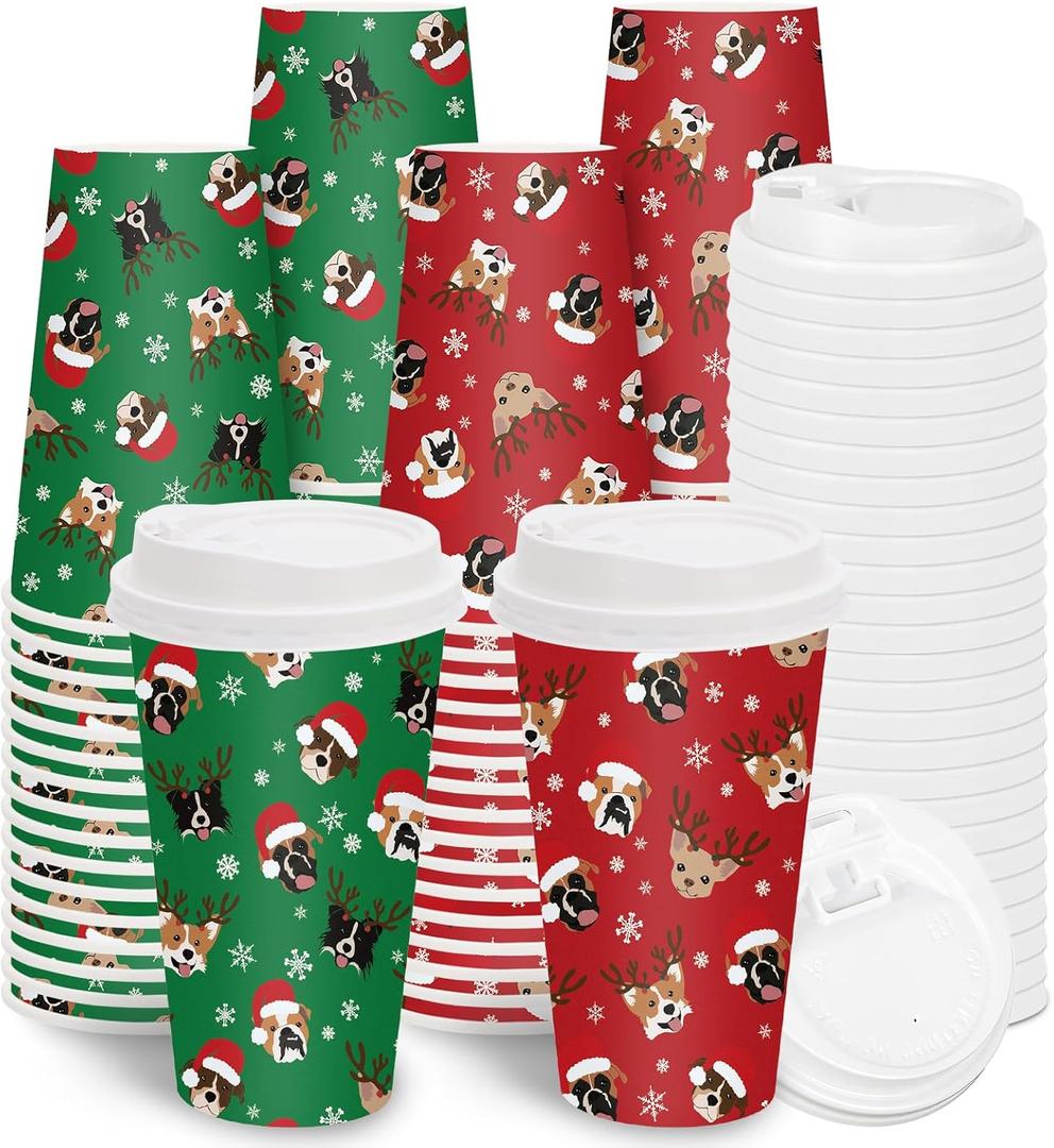 Whaline 50 Set Christmas Disposable Coffee Cup with Lid 16 Oz Red Green Dog Paper Drinking Cups To Go Cups for Hot Cold Drinks Tea Winter Xmas Party Supplies
