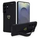 Ufbara Compatible with Samsung Galaxy S25 Ultra Case for Women Girls, Cute Gold Love Heart Pattern with Wrist Hand Holder Stand Slim Soft Silicone Kickstand Protection Cover (Black)