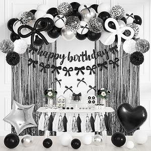 Black Bow Birthday Party Decorations, Coquette Bow Black and White Silver Confetti Long Balloons Happy Birthday Banner Fringe Curtain Tassel Pompoms for Women Girls Theme Baby Shower Party Supplies