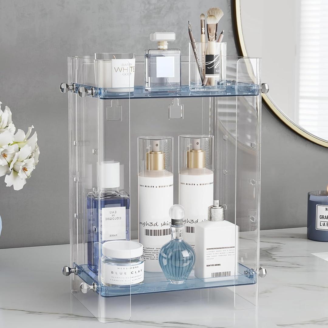 Delamu Bathroom Countertop Organizer, 2 Tier Adjustable Corner Makeup & Skincare Organizer with Protective Guard Rail, Transparent Design for Vanity, Bathroom Counter, Ideal for Girls