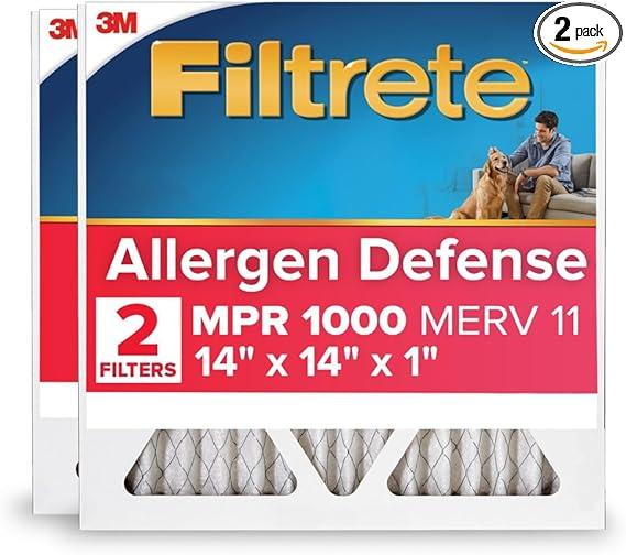 Filtrete 14x14x1 AC Furnace Air Filter, MERV 11, MPR 1000, Micro Allergen Defense, 3-Month Pleated 1-Inch Electrostatic Air Cleaning Filter, 2 Pack (Actual Size 13.81 x 13.81 x 0.81 in)