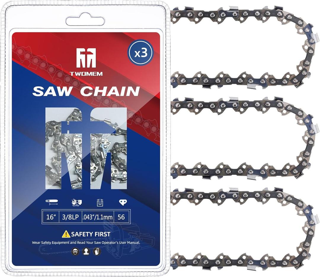 3 Pack 16 Inch Chainsaw Chain, 3/8" LP Pitch .043'' Gauge 56 Drive Links Fits M18 Fuel, Ego CS1613, Dewalt DCCS690-49162715, DWO1DT616