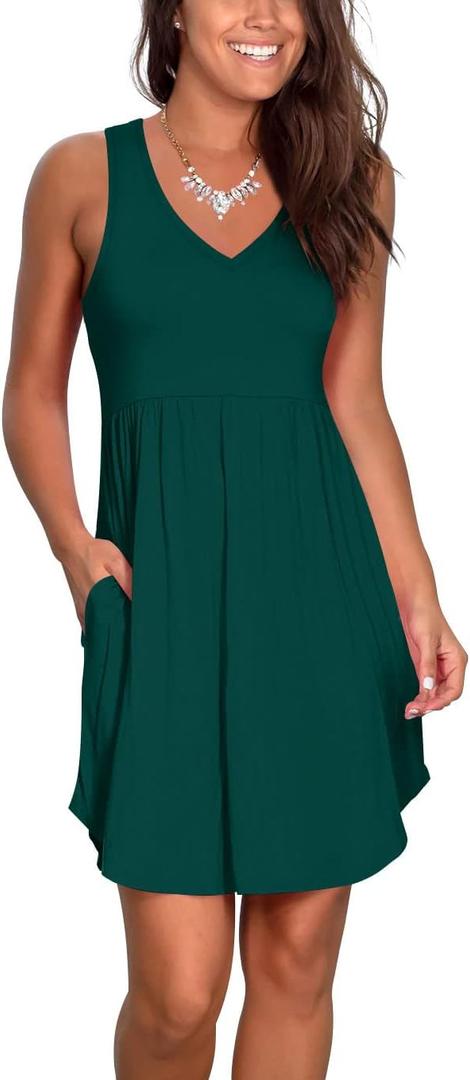 Atizon Casual Summer T Shirt Dress for Women V Neck Swing Elastic Tunic Short Sundress with Pockets (X-Large, 1 Dark Green)