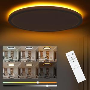 15.3in LED Flush Mount Ceiling Light Fixture with Night Light, 45W 4000LM 3000K/4000K/6500K Selectable, Dimmable Ceiling Lights for Bedroom, Hallway, Kitchen, Black Frame