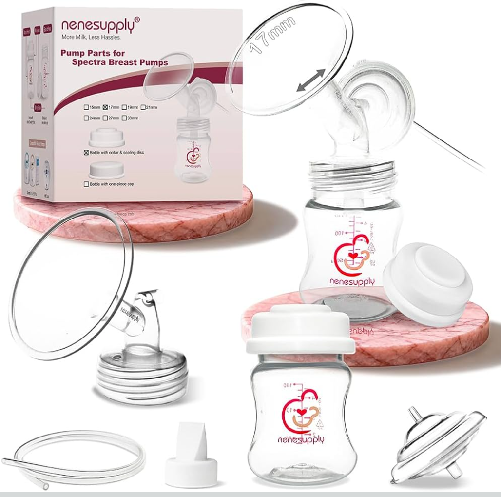 Nenesupply Pump Parts Compatible with Spectra S2 S1 9 Plus Breast Pump to Replace Spectra Pump Parts S2 Accessories Flange 17mm Duckbill Valve Tubing Bottles Backflow Protector (Flange 17mm + Bottles)
