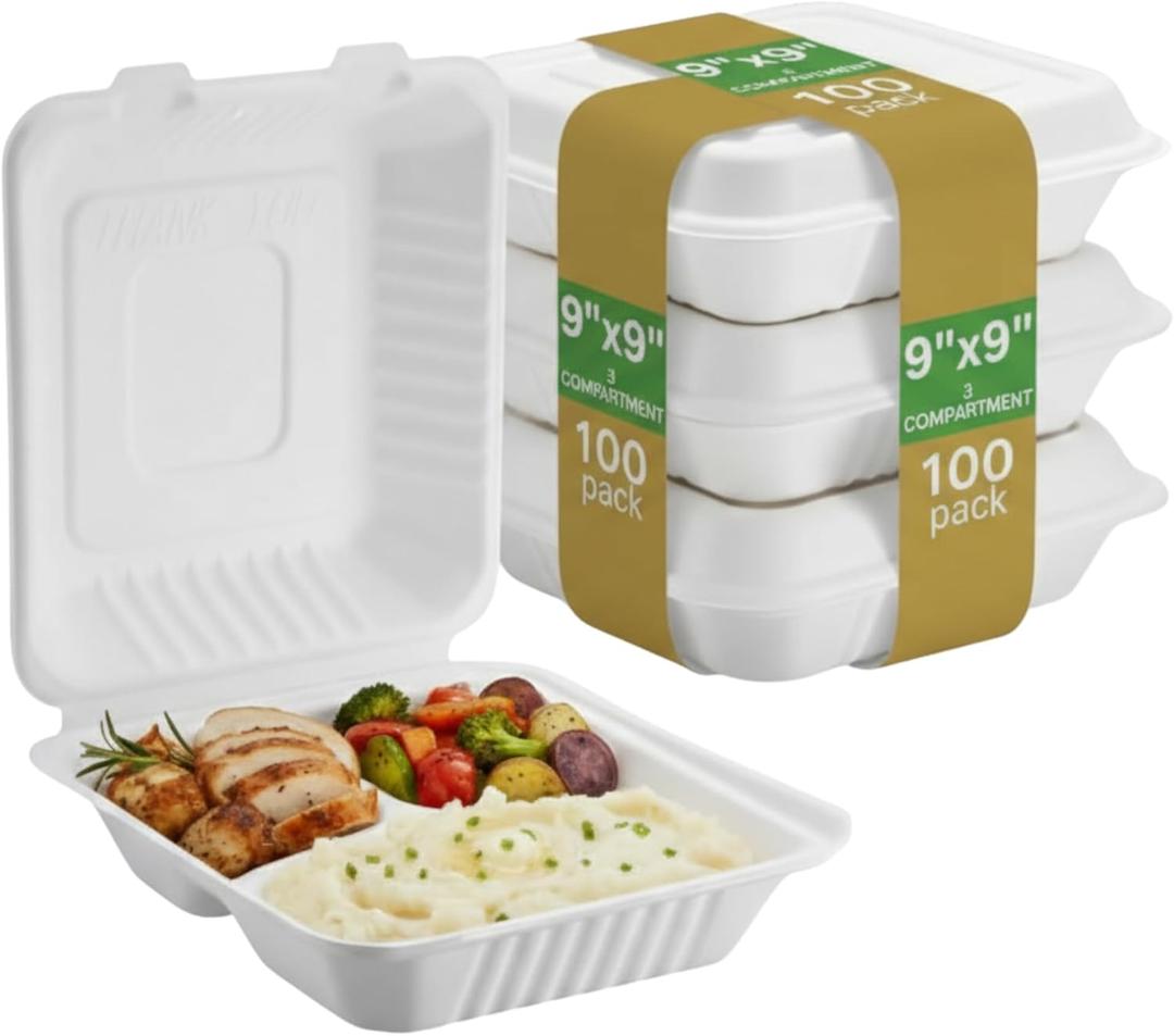 Bagasse Hinged Food Containers PFAS-Free Eco-Friendly Biodegradable Clamshell Takeout Boxes, Compostable Disposable To-Go Containers for Hot & Cold Food (9" X 9" 3-Compartment) 100 Pack