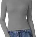 QINSEN Long Sleeve Shirts for Women Crewneck Rib Knit Slim Fit Going Out Tops Casual Basic Tee (L)