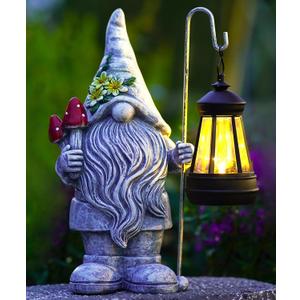 Garden Gnome Statue with Solar Lights Lantern,Outdoor Sculpture Home Decor for Yard Lawn Balcony Patio Porch,Gardening Gifts for Mom Women Grandma