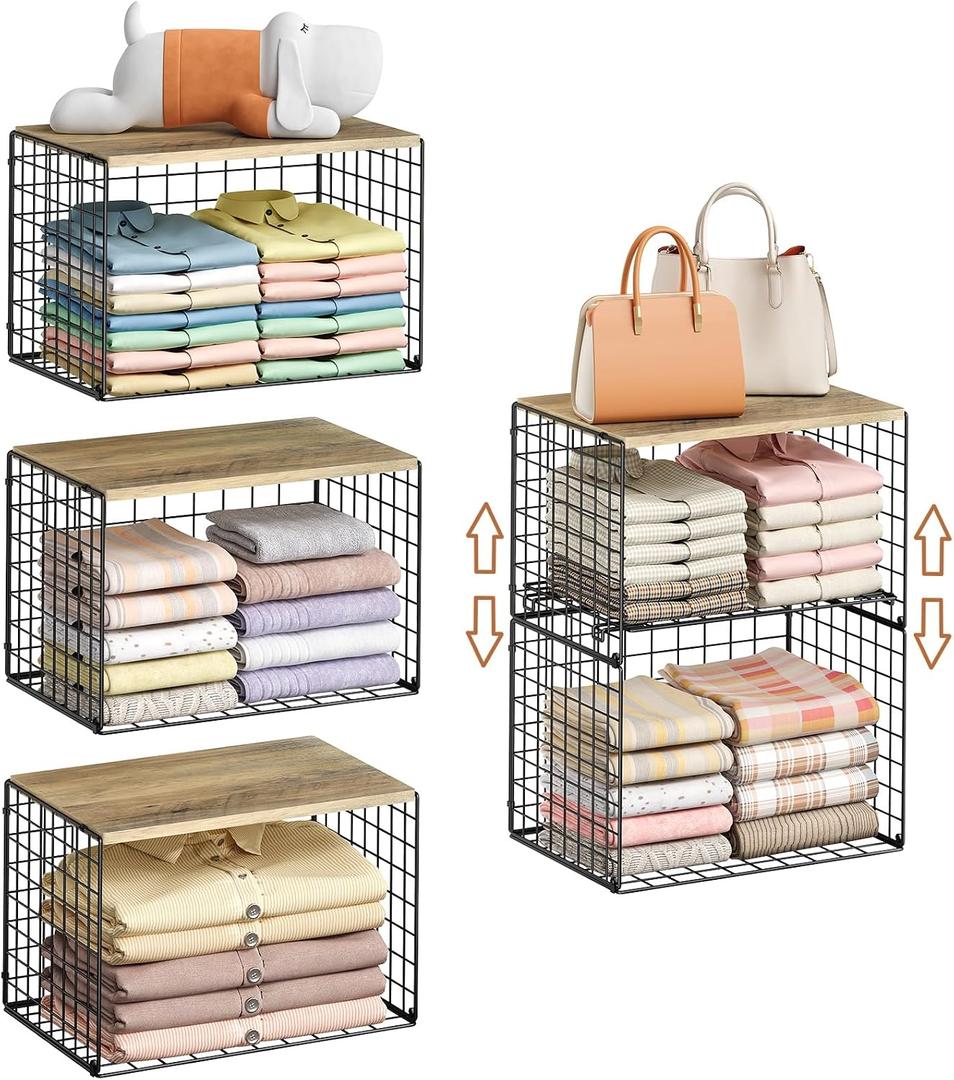 5-Tier Large Stackable Closet Organizer and Storage Basket, Sturdy Closet Shelf Organizer with Wood Top, Stackable Storage Bins Cubes for Clothes with Adjustable Shelf for Wardrobe Organization