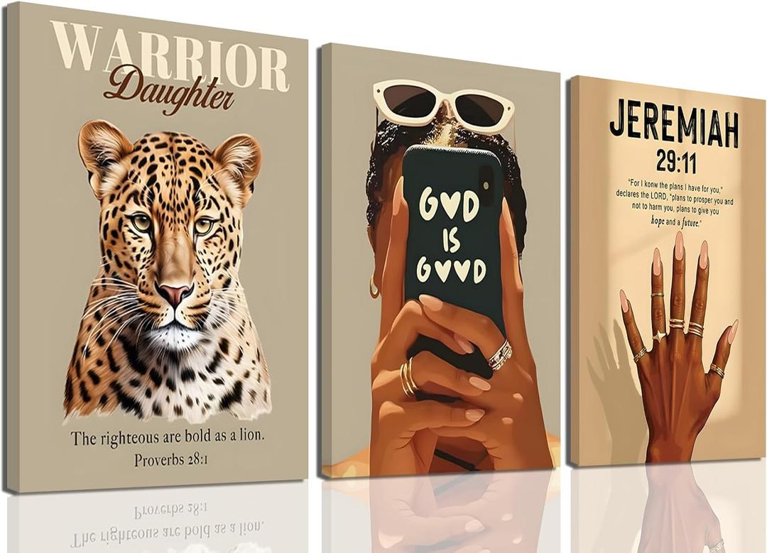 Black Woman Inspirational Wall Art Set of 3, Christian Faith Canvas Prints, Warrior Daughter Leopard Art, God Is Good Poster, Jeremiah 29:11 Scripture Decor, Modern Afro Aesthetic Wall Decor 16x24 in, 24Lx16W