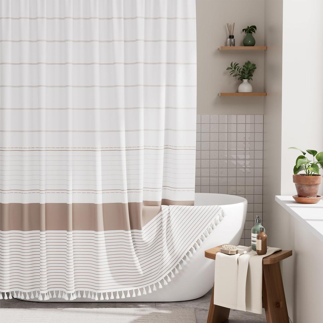 AmazerBath Boho Shower Curtain Set, Rustic Faux Linen Pink Striped Shower Curtain with Hooks, Modern Farmhouse Shower Curtain with Tassels, White Base Toned, 72x72 Inches