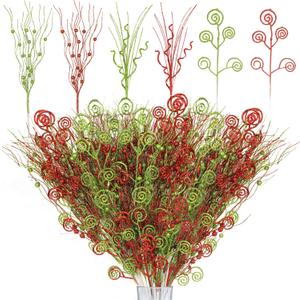48PCS Christmas Tree Picks Decorations, 17 12 Red Green Artificial Glitter Curly Berry Stems Fake Candy Picks Ornaments Branches for Christmas Tree Topper Home Wreath Crafts Vase Filler Decor