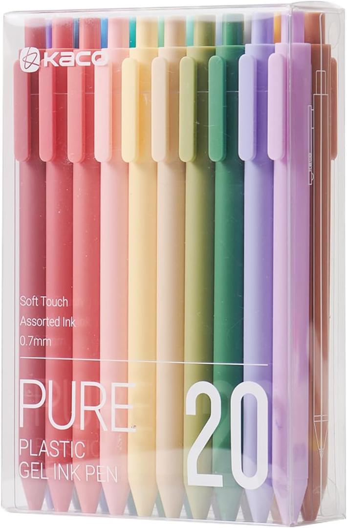 Kaco PURE Gel Pens 20 Color Ink Assorted 0.7 mm, Medium Point, Aesthetic Cute Stationery Pens for Journaling Pens (20 Assorted Ink)