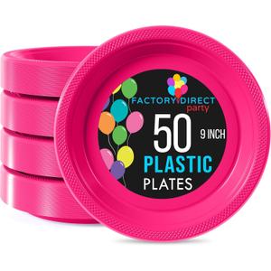 Exquisite Party Solids Hot Pink Plastic Plates For Party Supplies 9" Hot Pink Disposable Plates Heavy Duty 50 Pcs Plastic Dinnerware Sets Heavy Duty 350 GSM Disposable Dinnerware Set (Cerise)