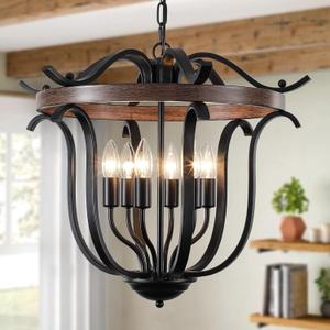 20" Large Farmhouse Chandelier for High Ceiling, 6 Light Vintage Cage Pendant Light Fixture Black Chandeliers for Living Room Staircase Entryway Kitchen