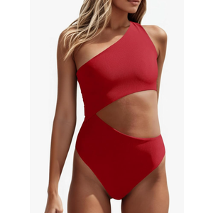 Women's One Piece Ribbed Swimsuit One Shoulder Cutout Swimwear Sexy Bathing Suit, Size L