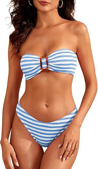 ZAFUL Women's Bandeau Bikini Sets Buckle Strapless Lace Up High Cut 2 Piece Swimsuit Solid Bathing Suit M