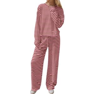 MISSACTIVER Women's Striped 2 Piece Lounge Set Casual Long Sleeve T-Shirt Drawstring Wide Leg Pants Matching Pajamas Set, Medium 
