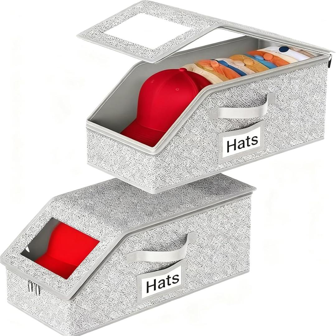 Hat Storage Box Organizer, 2-Pack, Stackable with Clear Windows, Holds 30 Baseball Caps, Grey