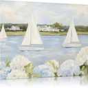 Vintage Floral Blue Coastal Canvas Wall Art Sailboat & Hydrangea Pictures Wall Decor Coastal Grandaughter Nautical Posters Grandmillenial Preppy Beachy Painting Print Artwork for Beach House Bedroom, 16"L X12"W
