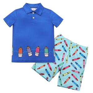 IDOPIP Toddler Boys Back to School Outfit Kids Short Sleeve Pencil Apple Crayon Print Shirt + Shorts First Day of School T-shirts Summer Casual Baby Kindergarten Clothes ﻿ Dark Blue Pencil 2-3 Years (Blue)