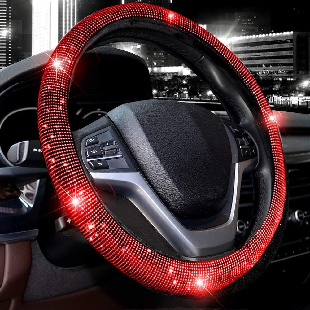 Valleycomfy Steering Wheel Cover for Women Bling Bling Crystal Diamond Sparkling Car SUV Wheel Protector Universal Fit 15 Inch (Black with Red Diamond,Standard Size(14" 1/2-15" 1/4))
