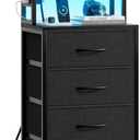 REAHOME 41 Inch Tall Nightstand with Charging Station, LED Night Stand with 6 Fabric Drawers, Bed Side Table with 3-Tier Wood Storage Shelves for Bedroom, Office, Small Spaces, Dark Gray