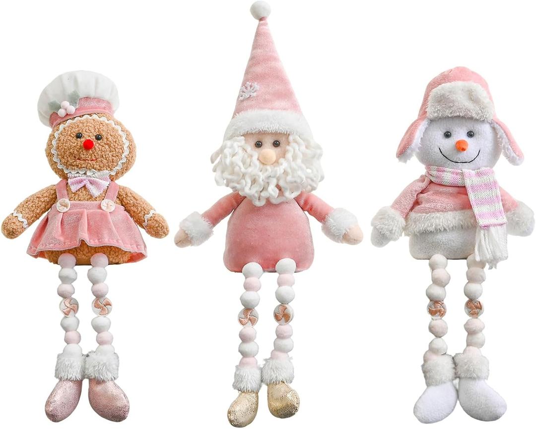 Pink Christmas Dolls Decoration - 3PCS Pink Stuffed Gingerbread Man, Snowman, Santa Claus Gnome, Xmas Handmade Plush for Winter Home Table Ornament, Tiered Tray Decor
