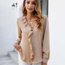 Blooming Jelly Womens Dressy Casual Blouse Business Long Sleeve Tops Ruffle V Neck Work Shirt Fall Outfit 2025 (Beige, S)