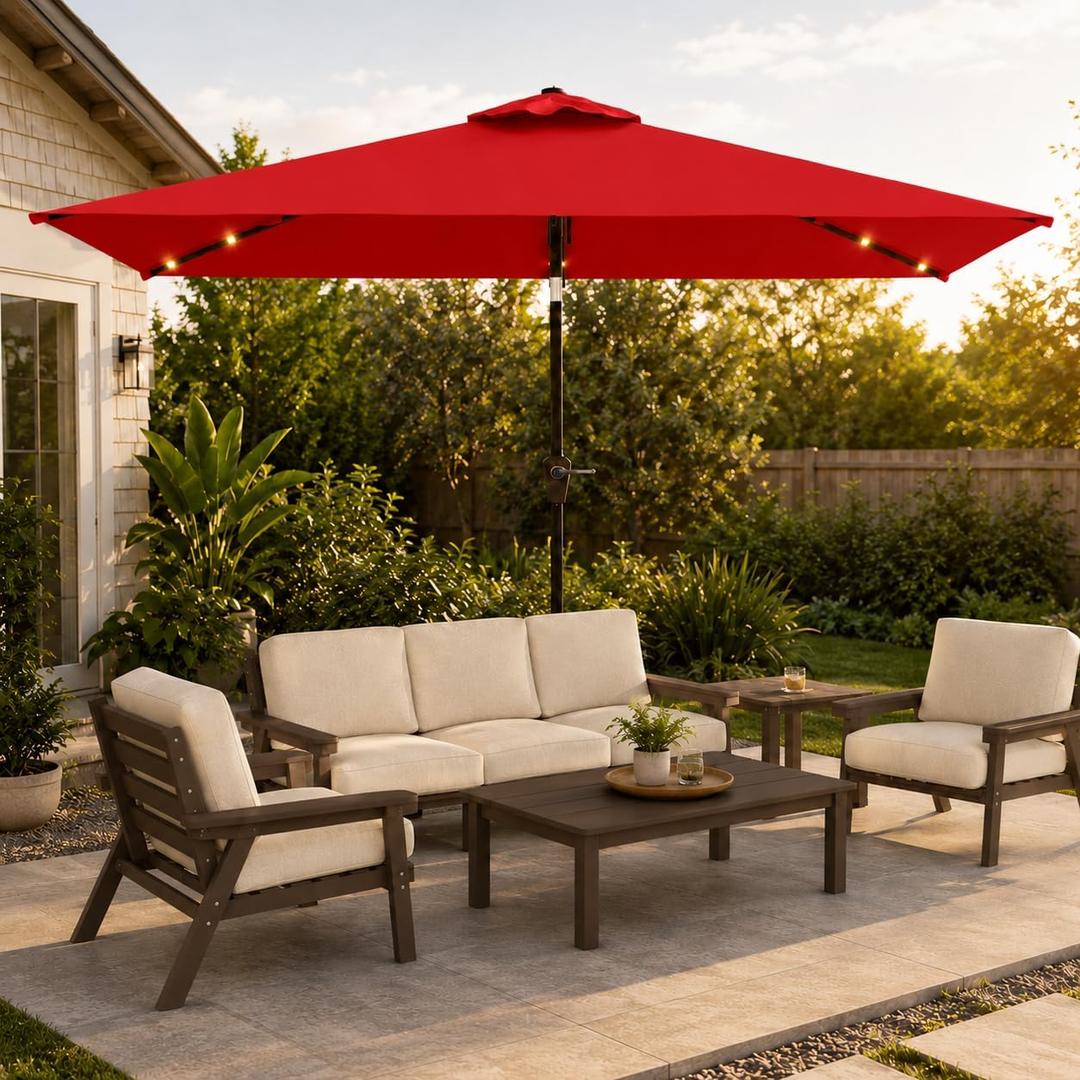 6.5 x 10ft Rectangular Patio Umbrella with Solar Lights, 16 LED Lighted Market Umbrella with Push-Button Tilt and Crank, 6 Sturdy Iron Ribs for Garden, Deck, Pool, Red