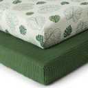 Blissful Diary Muslin Crib Sheets for Girl Boy, Boho Neutral Soft Cotton Baby Sheet for 52''x28'' Standard Crib Mattress, 2 Pack(Monstera&Dark Green)