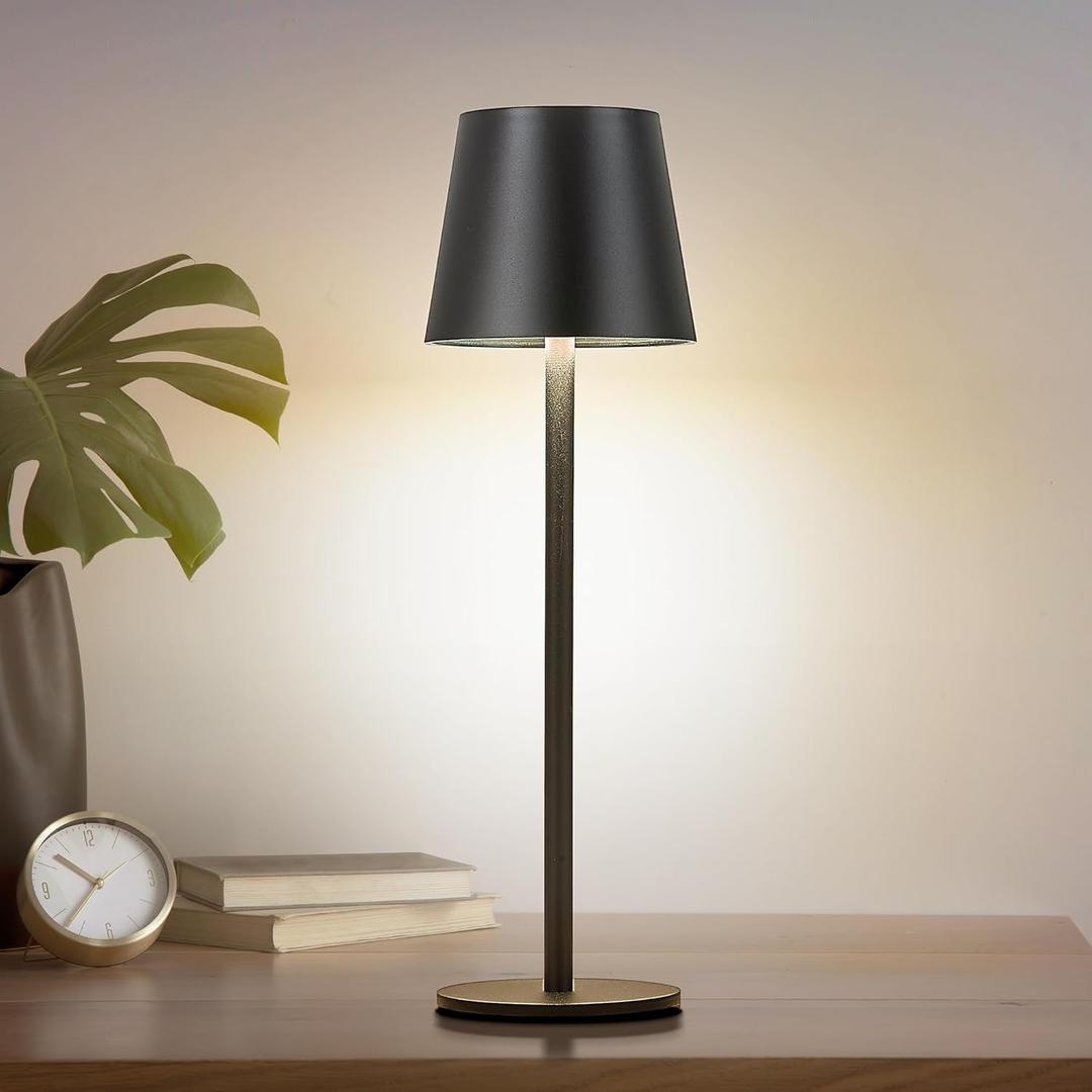 1Pack Cordless Table Lamp, 5200mAh IP54 Waterproof Rechargeable Battery Desk Lamp, 3 Color Stepless Dimming Up, Battery Operated Lamp for Kitchen/Bedside/Outdoor (Black)