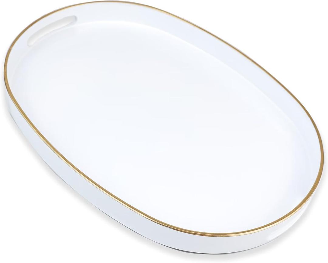 Oval White Decorative Tray with Handles, Versatile Serving Tray for Coffee Table, Ottoman, Ideal for Serving, Displaying, Organizing, 15.3"*10.6"*1.37"