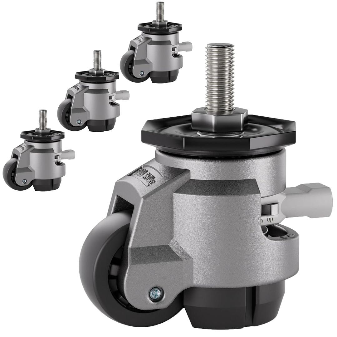 2" Inch Stem Leveling Casters Wheel with Ratchet Handle, 1/2 Inch and M12 Stem Size, Height Adjustable Heavy Duty Casters Set of 4 Total Load 2200 Lbs, Workbench Retractable Caster, T60, Black