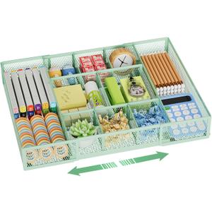 Marbrasse Expandable Desk Drawer Organizer, Mesh Drawer Organizer Tray with 10 Adjustable Compartments, Desk Organizers and Accessories for Office Supplies, Makeup & Vanity (Expandable-Green)