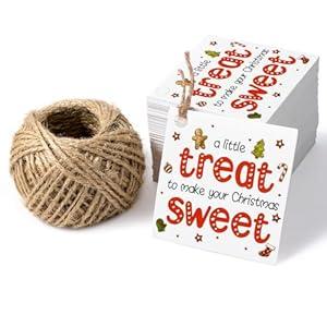 WRAPAHOLIC Christmas Sweet Treat Gift Tags with String - 100PCS Xmas Sweet Cookie Paper Tags with 100 Feet Natural Jute Twine for Christmas Party Decoration - 2 x 2 Inch