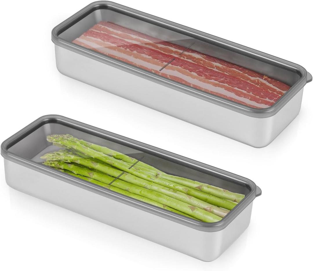 1Pack Bacon Holder for Fridge,Bacon Container for Refrigerator,Deli Meat Box for Refrigerator,304SS Airtight Food Storage Container,Stackable Fridge Organizer with Locking Lid (BPA Free)