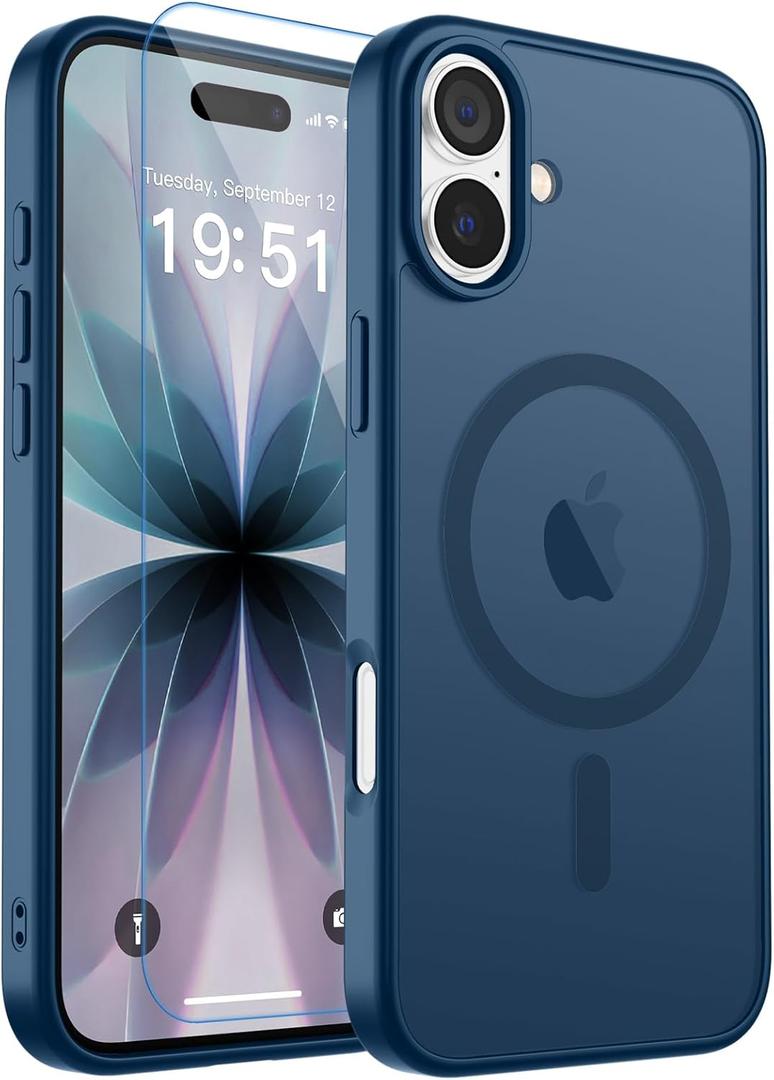 zapica Magnetic for iPhone 17 Case, with [Tempered Glass Screen Protector] [Compatible with MagSafe] Translucent Matte Shockproof Anti-Scratch Phone Cover, Dark Blue
