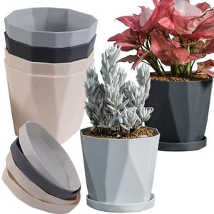 InmeRun Plant Pots Indoor Plastic Flower Pots Outdoor 5 inch Set of 6 Pack with Drainage Holes and Saucers for Garden Pots (5inch-6pcs) (Multicolor)