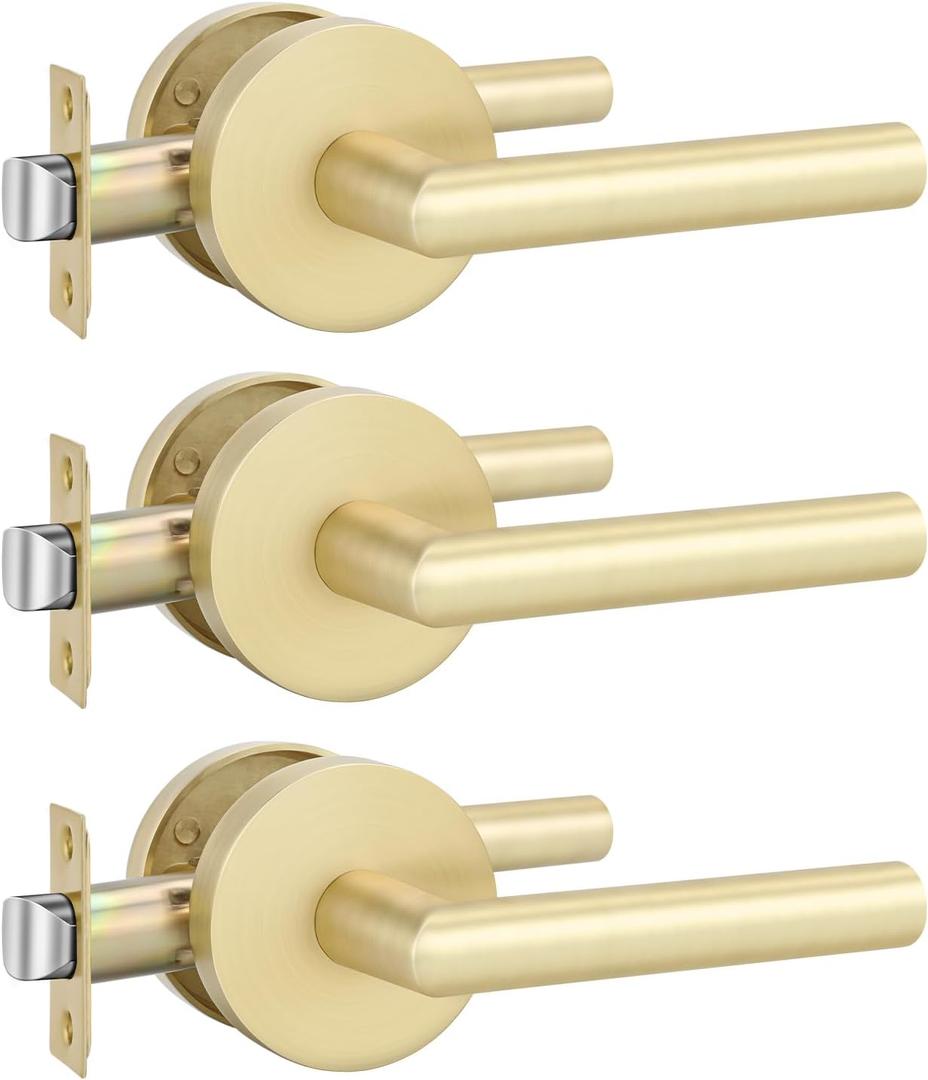 goldenwarm Gold Closet Door Handles Interior, Brushed Brass Interior Passage Door Handles, Heavy Duty Zinc Alloy Brushed Gold Door Lever for Hall and Closet (3 Pack)