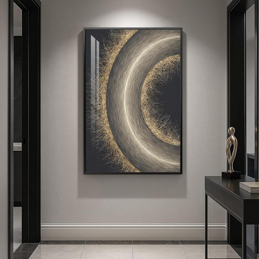 Framed Black and Gold Abstract Wall Art, Modern Luxury Bright Prints Paintings Artwork for Walls, Contemporary Gold Circle Pictures for Living Room Entryway Hallway Dining Bedroom Wall Decor 24x36 In (Lunar Arc)