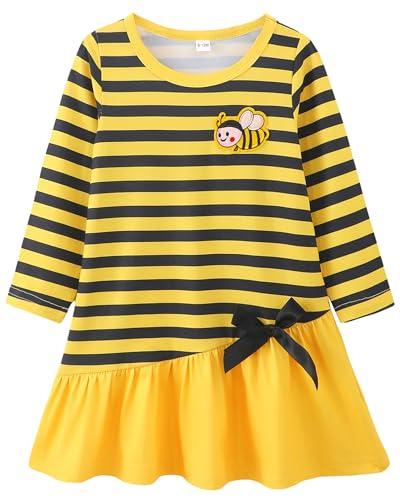 HIGHUZZA Baby Girl Clothes, Long Sleeve Bow Tie Embroidered Striped Yellow Bee Outfits for Fall Casual Birthday Party 12-18 Months