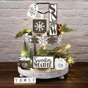Jetec 12 Pieces Winter Tiered Tray Decor Set Snowflake Wooden Sign Let It Snow Table Decorations Farmhouse Coffee Bar Signs Tray Decor for Home Kitchen Tabletop(Wood Color)