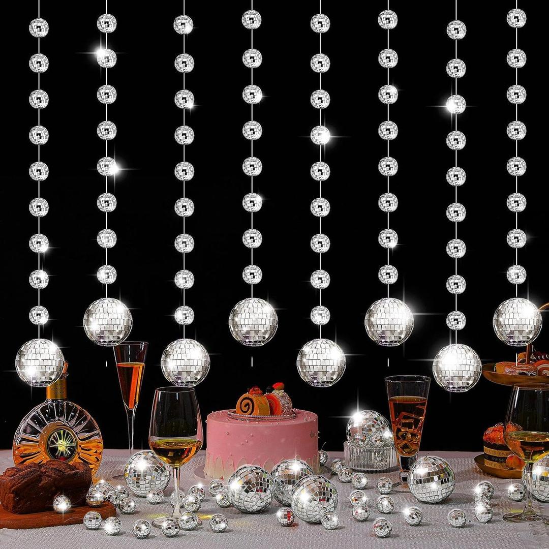 Sumind 8 Pack Disco Party Decorations Mini Disco Ball Garlands Silver Mirror Ball Hanging Banner Silver Streamer Curtains for Birthday Wedding Christmas Party Backdrop Supplies(1 Inch, 3 Inch)