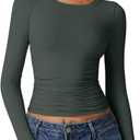 QINSEN Womens Crewneck Long Sleeve Shirt Double Lined Basic Tees Side Ruched Going Out Crop Tops (Medium, Dark Green)